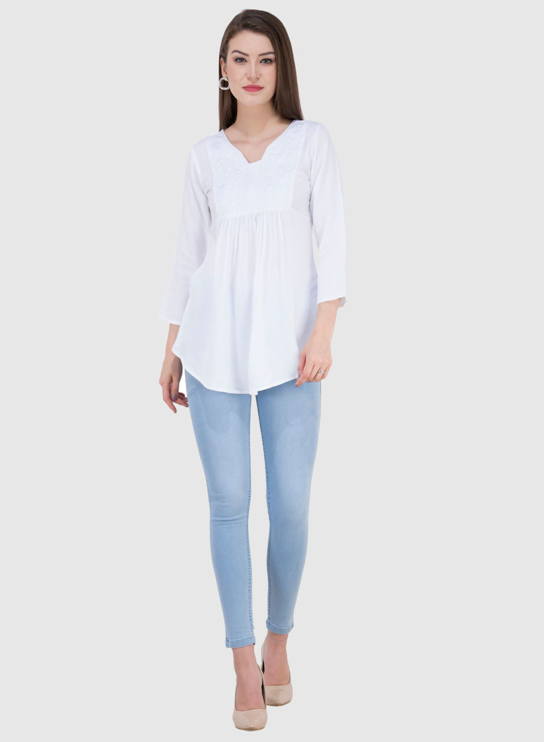 Women Top White Rayon Casual Regular Fit and Flare 3/4 Sleeve