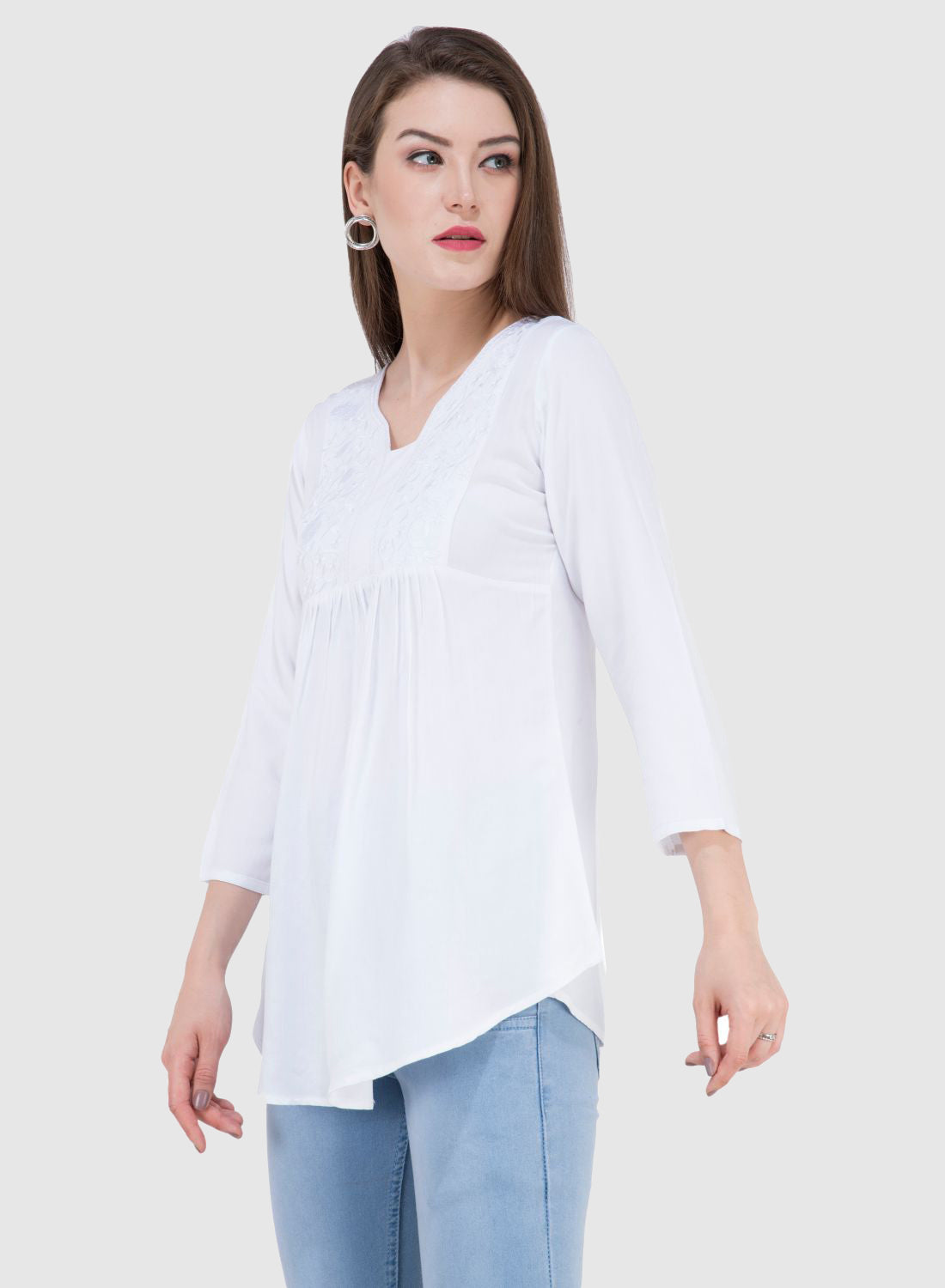 Women Top White Rayon Casual Regular Fit and Flare 3/4 Sleeve