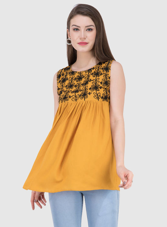 Women Top Mustard Rayon Sleeveless Fit and Flare