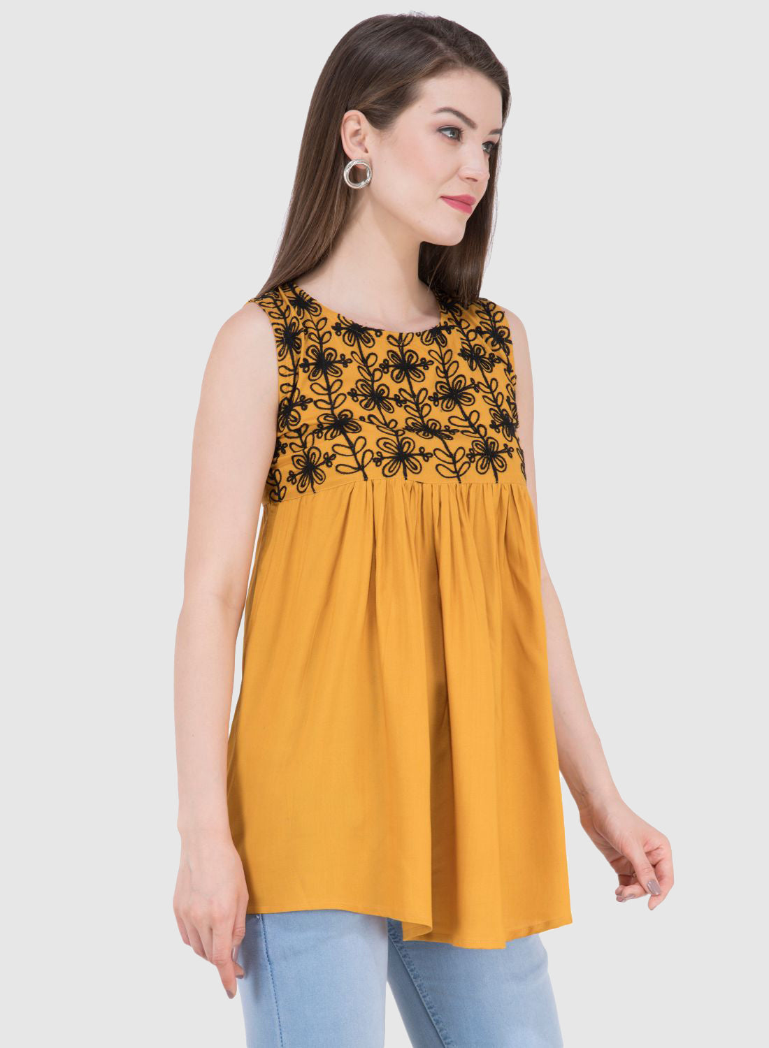 Women Top Mustard Rayon Sleeveless Fit and Flare
