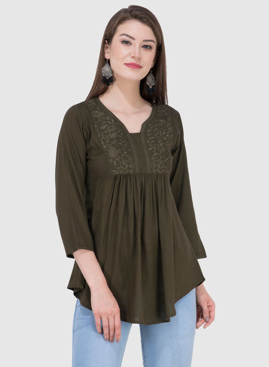 Women Top Mehandi Rayon Casual Regular Fit 3/4 Sleeve Fit and Flare