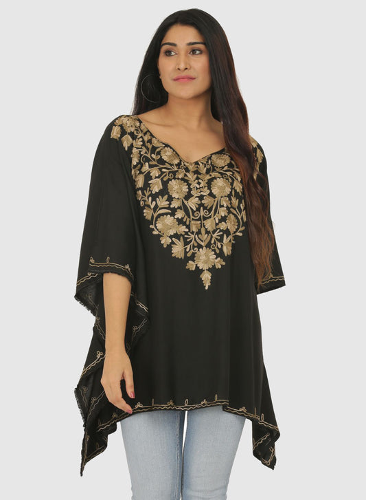 Women Kaftan Top Black Casual Regular Fit and Flare Embroidery Work