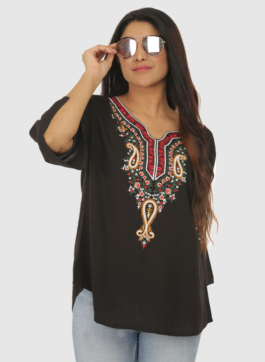 Women Top Black Casual Regular Fit Bell Sleeve