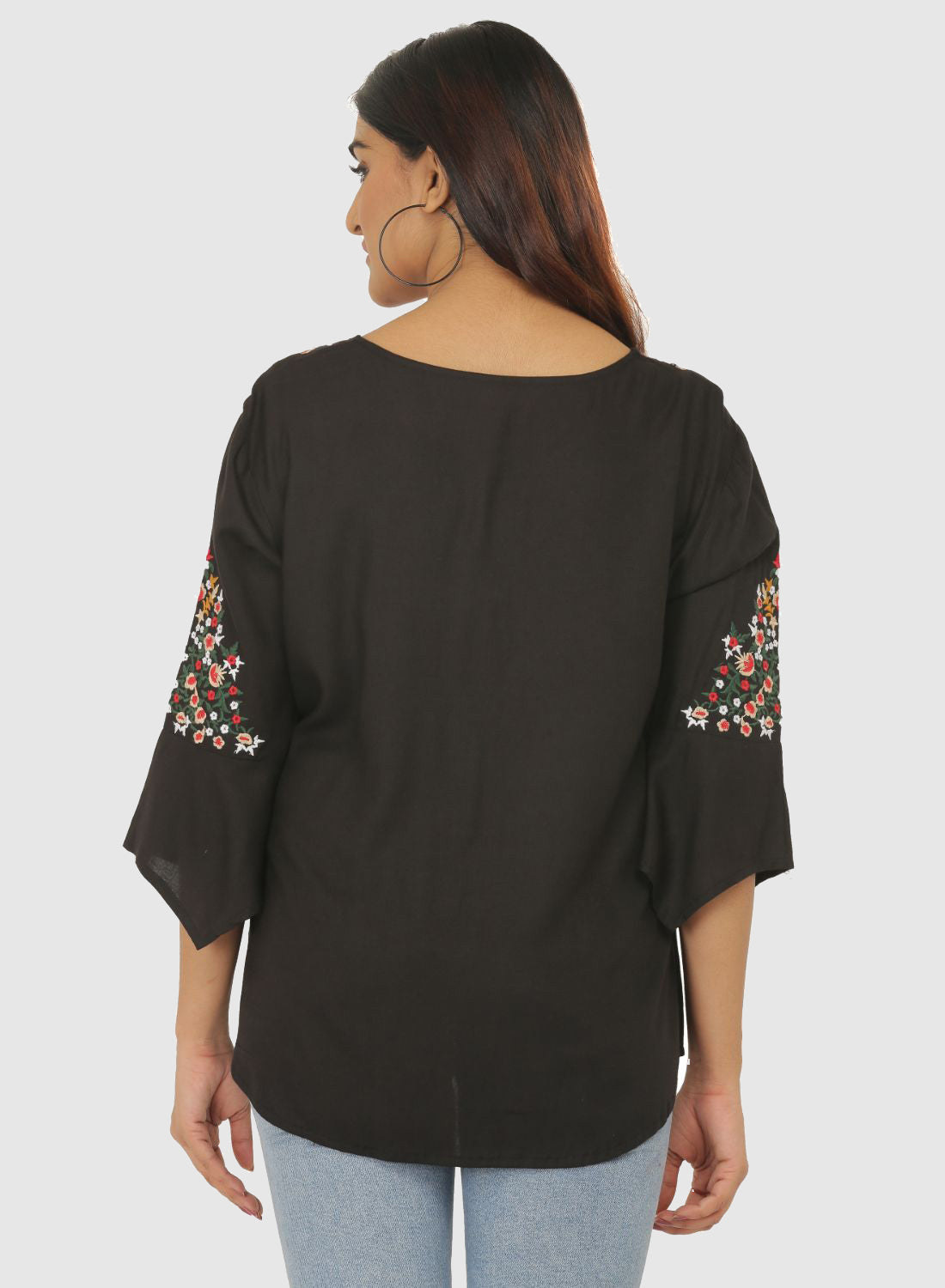 Women Top Black Casual Regular Fit Bell Sleeve