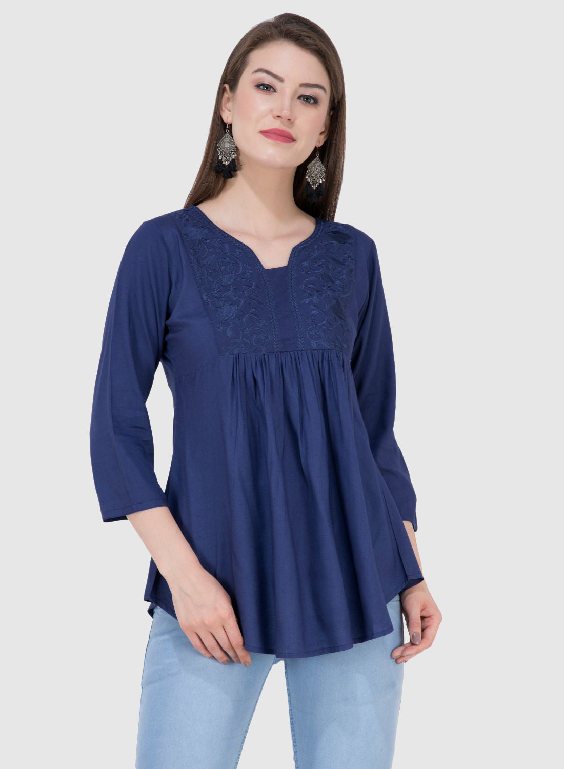 Women Top R Blue Rayon Casual Regular Fit 3/4 Sleeve Fit and Flare