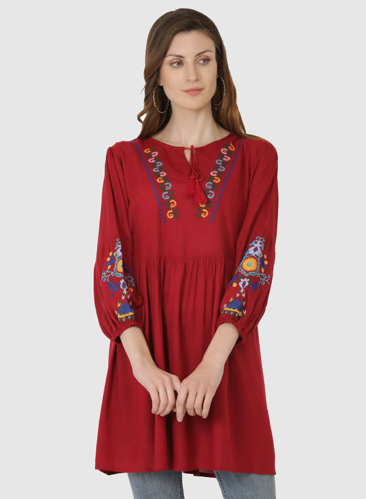 Women Top Maroon Regular Fit and Flare Puff Sleeve Embroidery Work