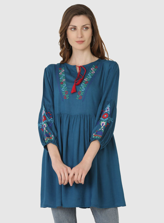 Women Top Blue Regular Fit and Flare Puff Sleeve Embroidery Work