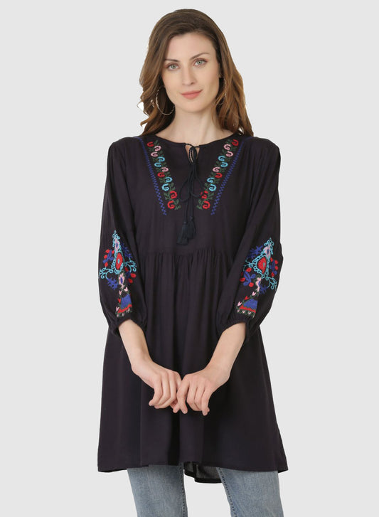 Women Top Navy Blue Regular Fit and Flare Puff Sleeve Embroidery Work