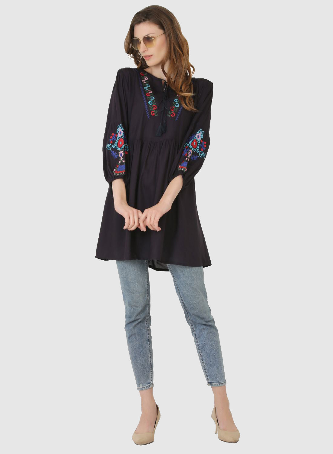 Women Top Navy Blue Regular Fit and Flare Puff Sleeve Embroidery Work