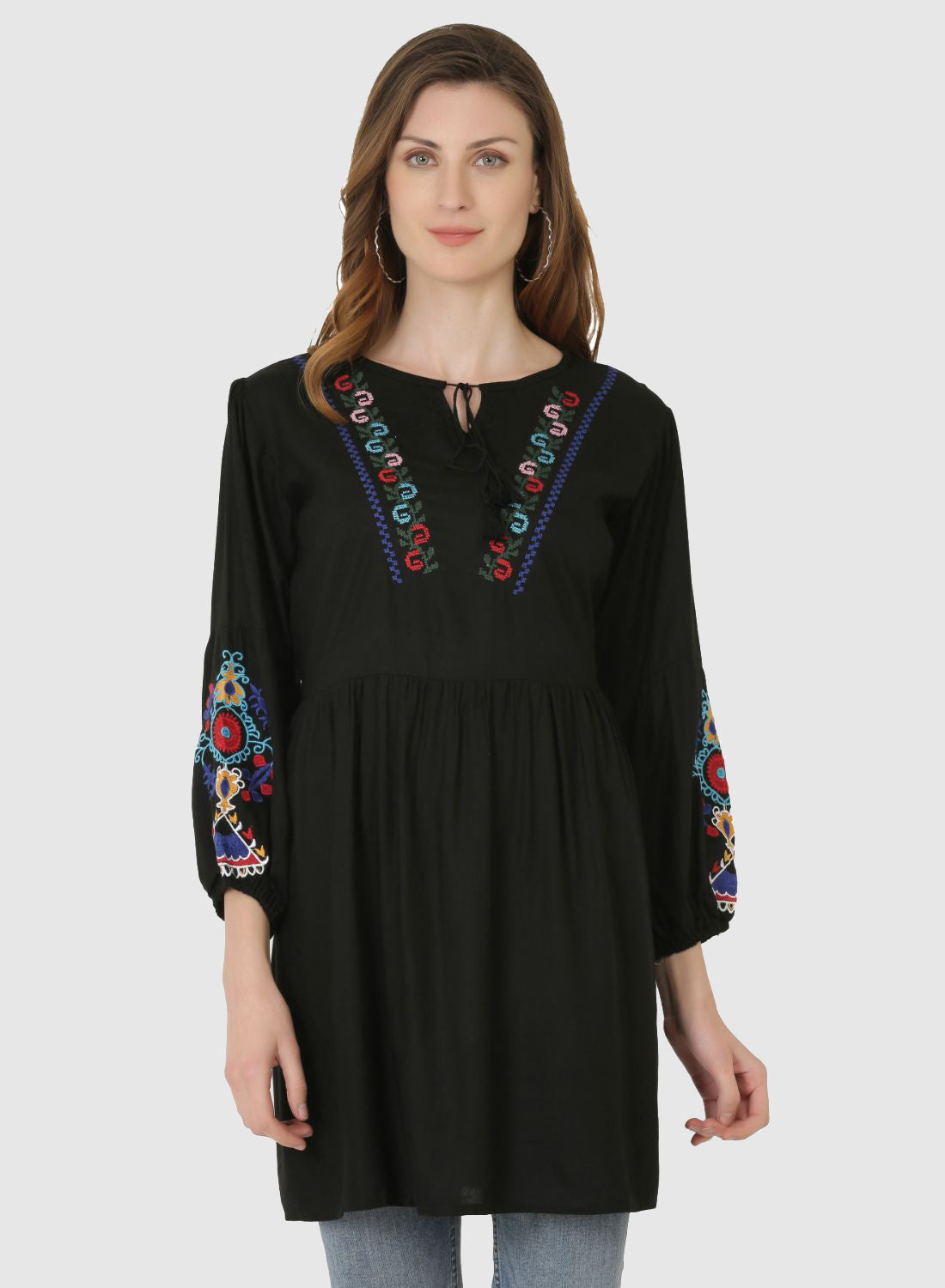 Women Top Black Regular Fit and Flare Puff Sleeve Embroidery Work