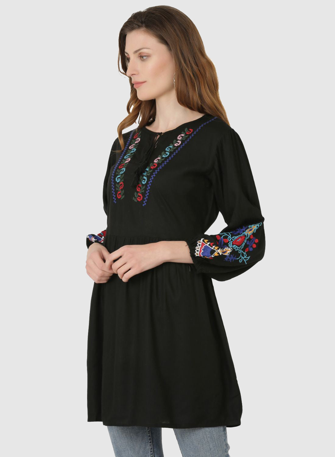 Women Top Black Regular Fit and Flare Puff Sleeve Embroidery Work