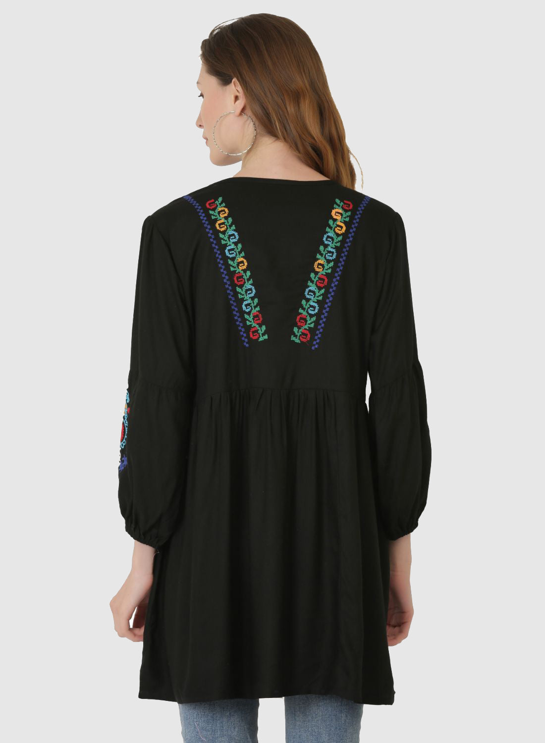 Women Top Black Regular Fit and Flare Puff Sleeve Embroidery Work
