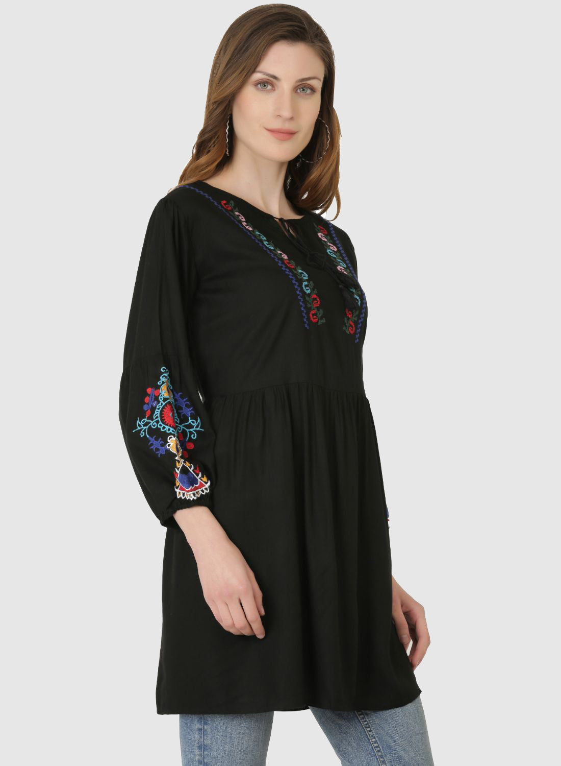 Women Top Black Regular Fit and Flare Puff Sleeve Embroidery Work