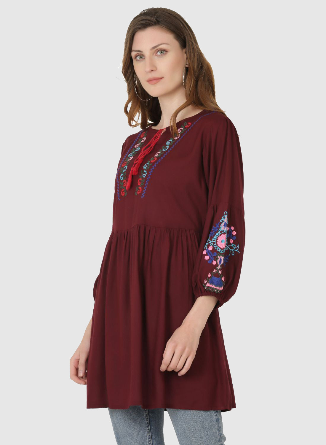 Women Top Brown Regular Fit and Flare Puff Sleeve Embroidery Work