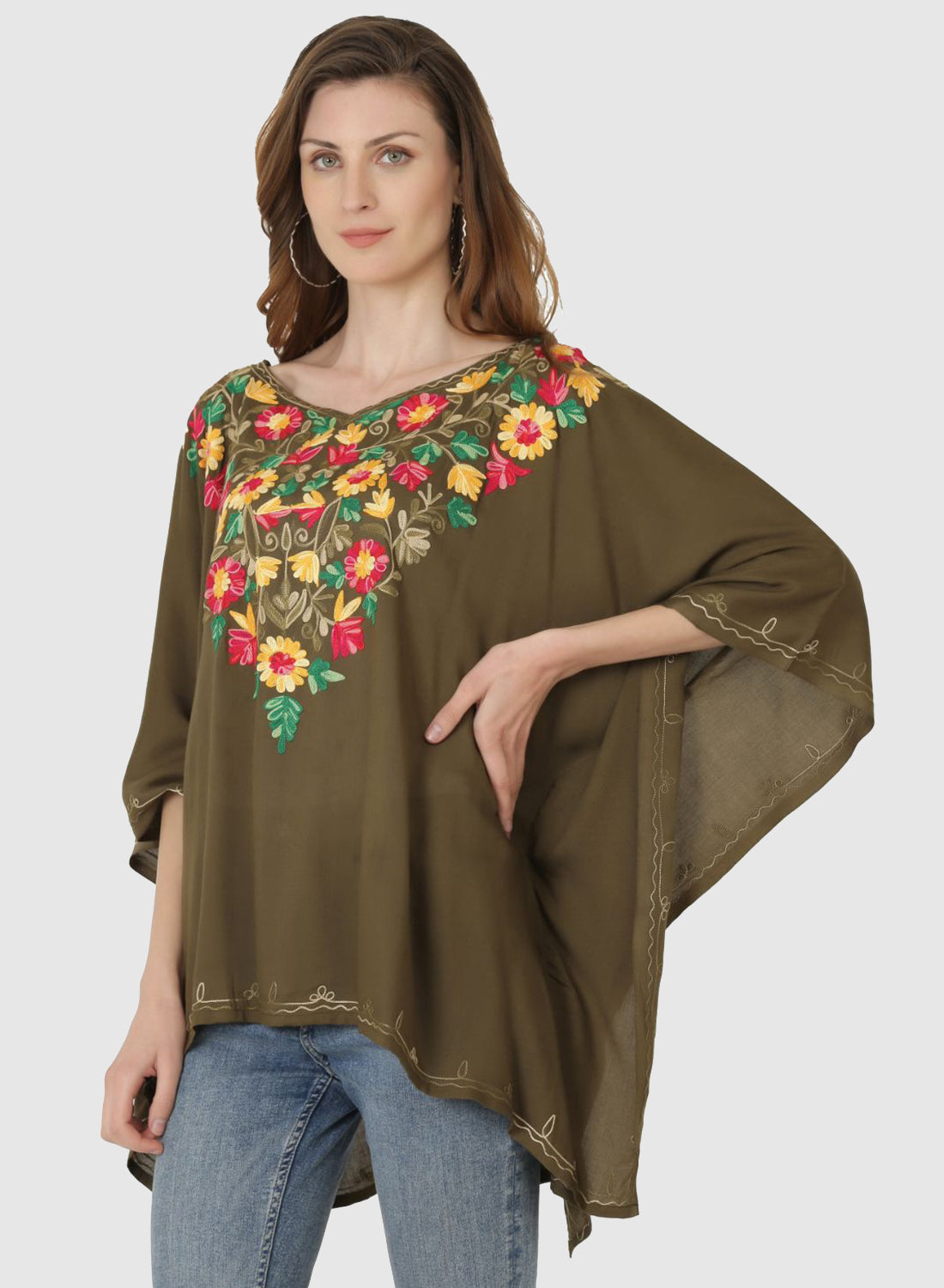 Women Kaftan Top Mehndi Green Casual Regular Fit and Flare Multi color Embroidery Work