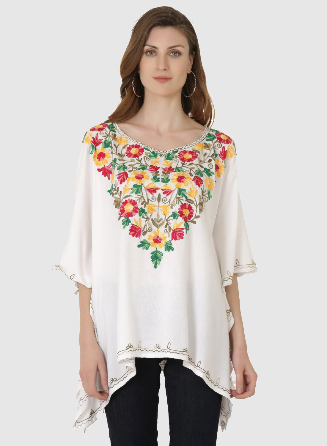 Women Kaftan Top White Casual Regular Fit and Flare Multi color Embroidery Work