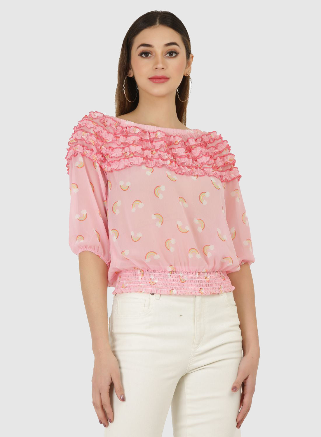 Women Top Pink Printed Party Wear