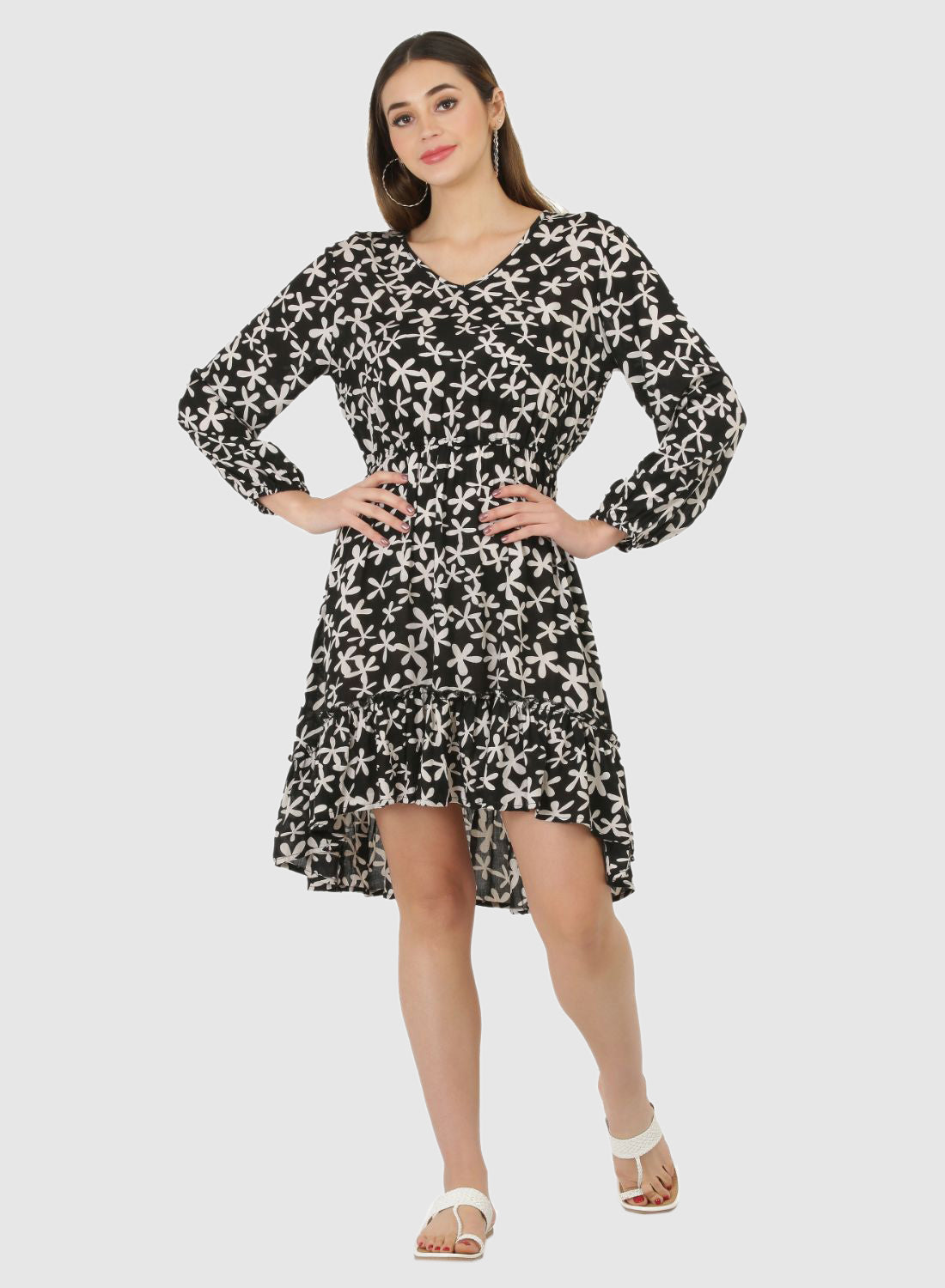 Women Dress Black Printed Puff Sleeve