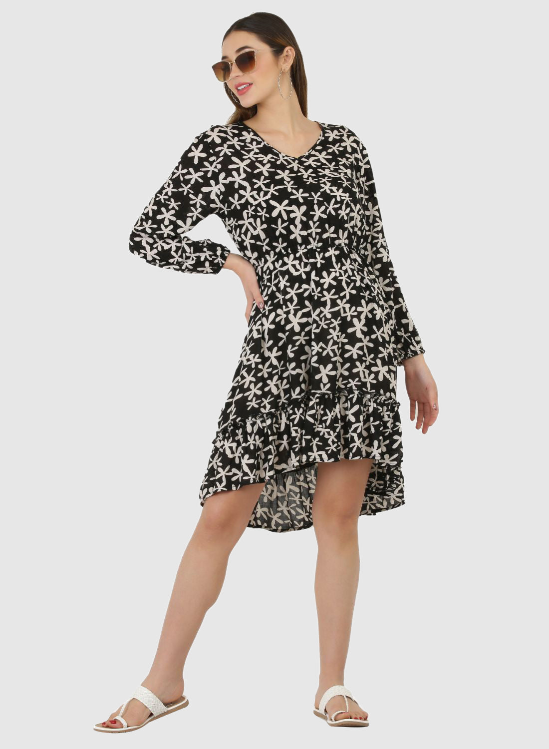 Women Dress Black Printed Puff Sleeve