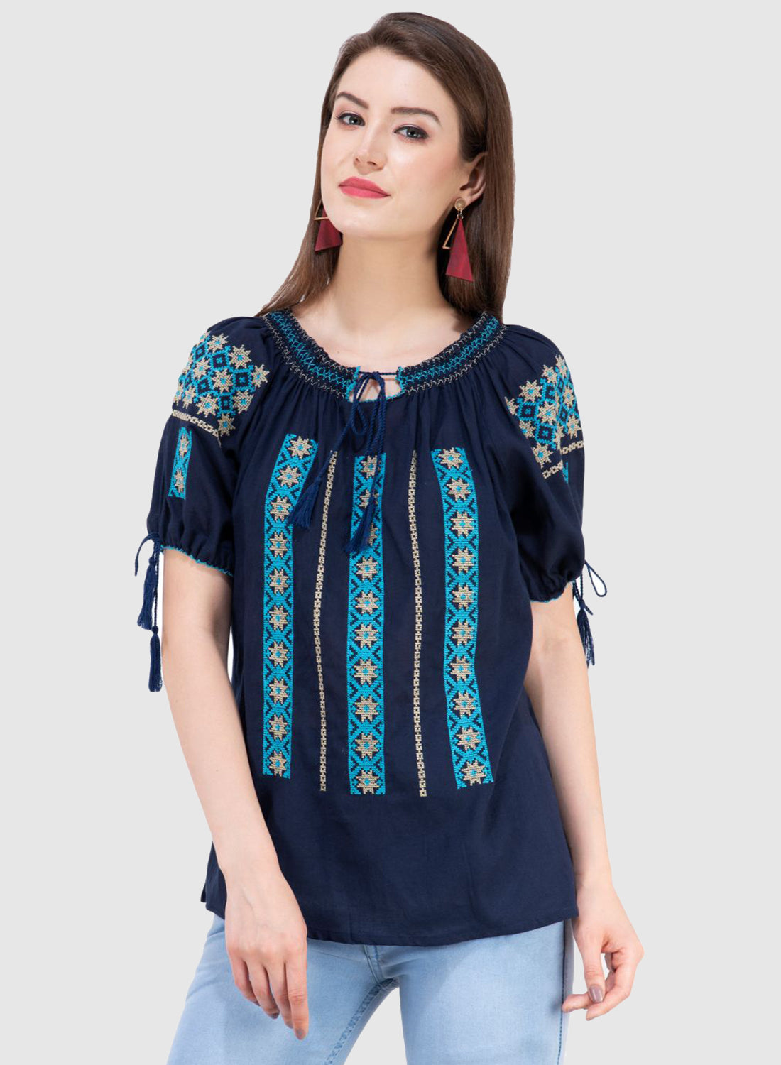 Women Top Blue Navy Blue Rayon Casual Regular Fit Half Sleeve