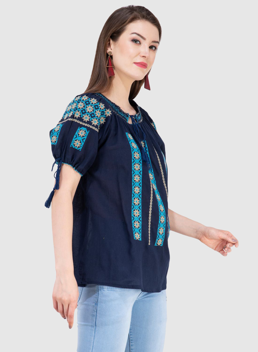 Women Top Blue Navy Blue Rayon Casual Regular Fit Half Sleeve