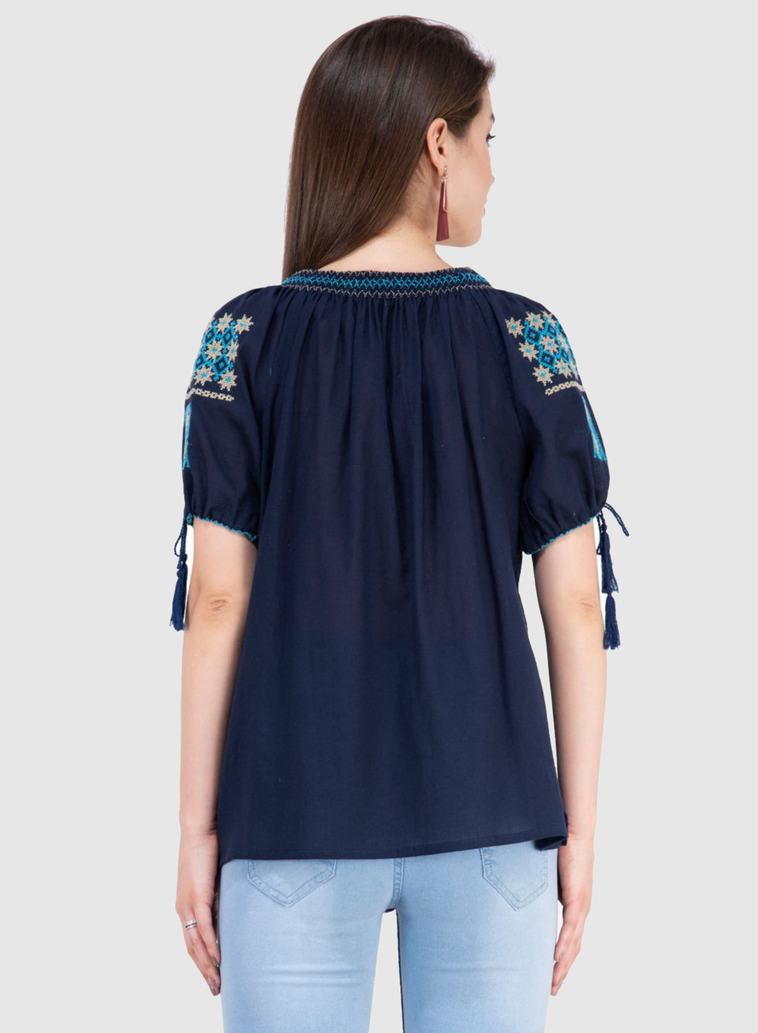 Women Top Blue Navy Blue Rayon Casual Regular Fit Half Sleeve