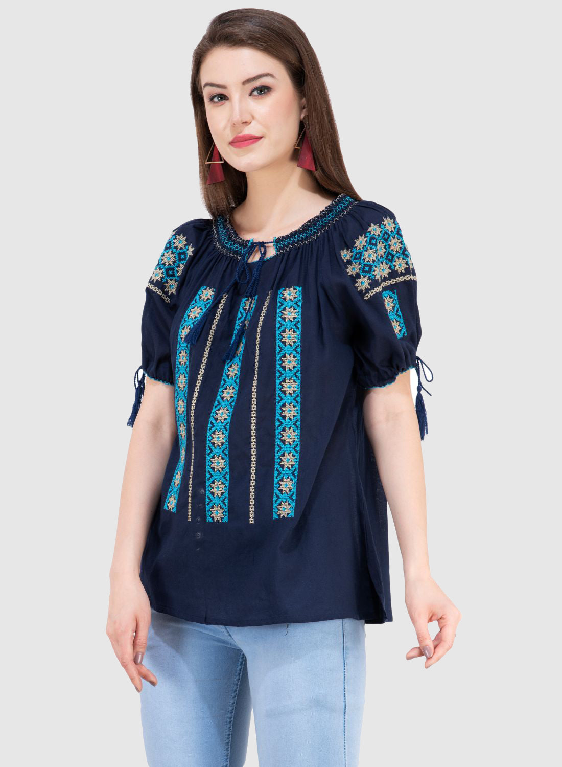 Women Top Blue Navy Blue Rayon Casual Regular Fit Half Sleeve