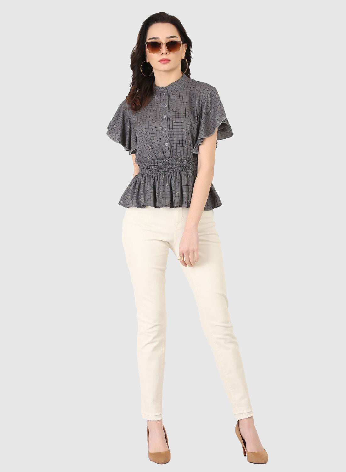 Women Top Grey Fit and Flare Butter Fly Sleeve