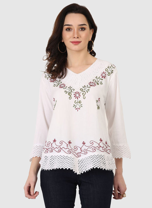 Women Top White Regular Fit 3/4 Sleeve Embroidery Work