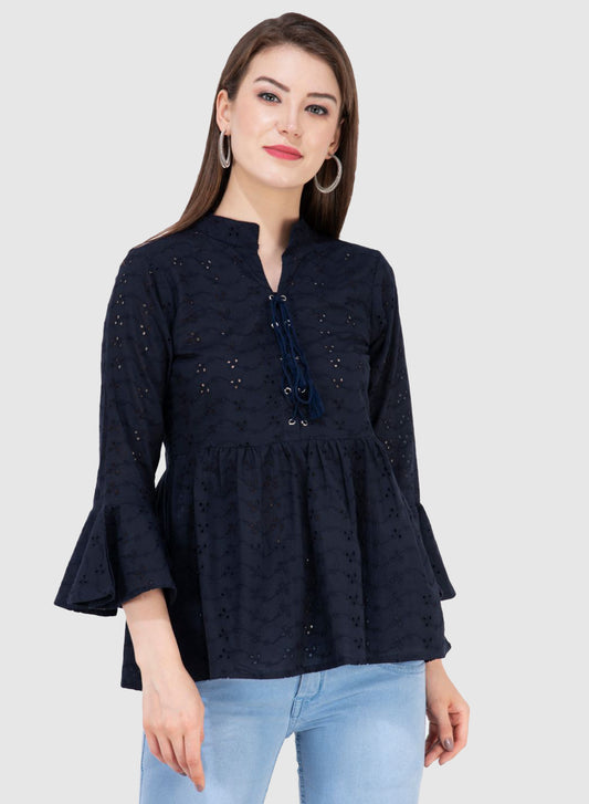 Women Top Blue Navy Blue Cotton Casual Bell Sleeve