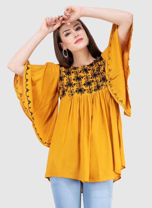 Women Top Mustard Yellow Rayon Casual Fit and Flare Butter Fly Sleeve