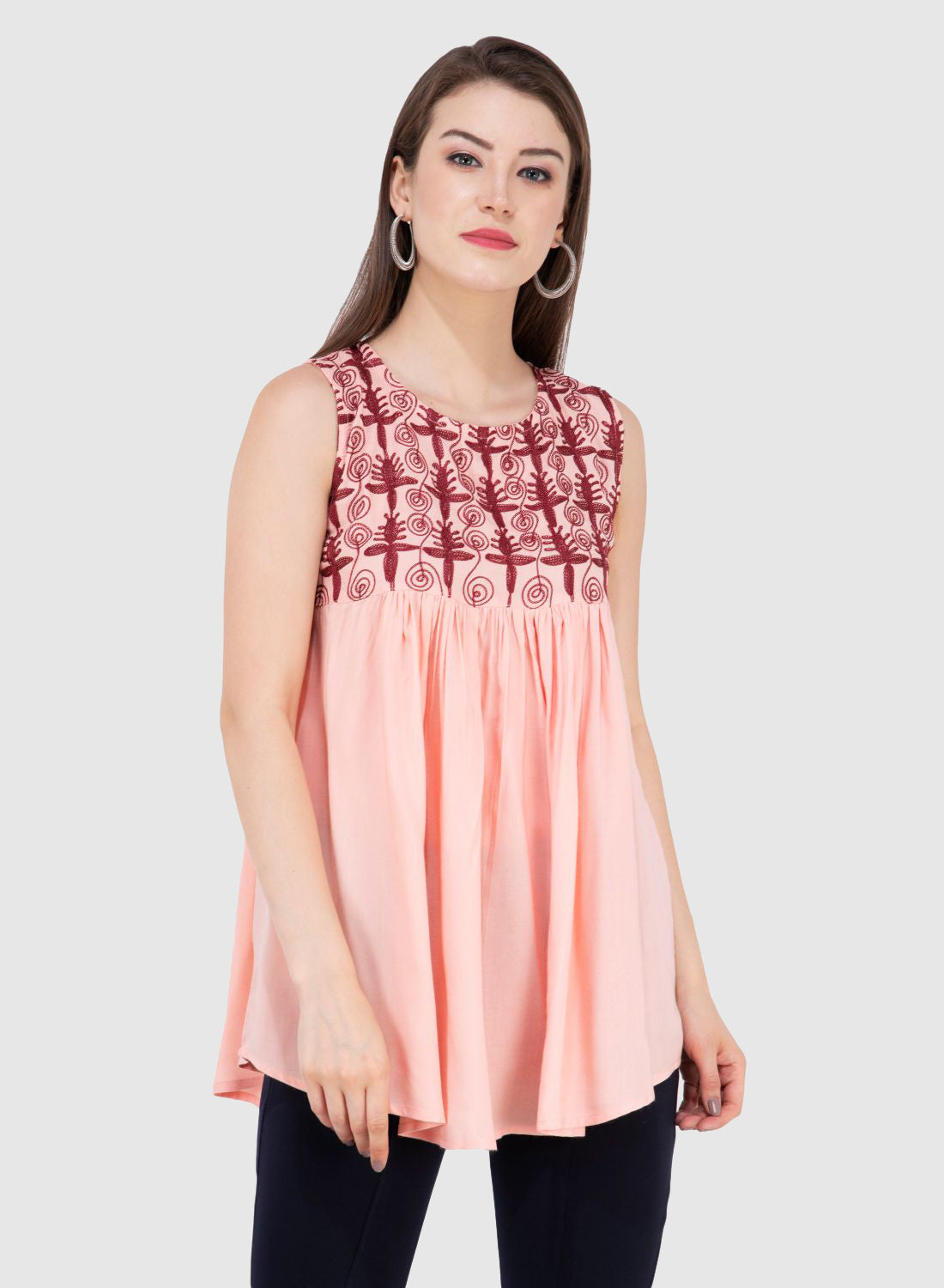 Women Top Pink Rayon Sleeveless Fit and Flare