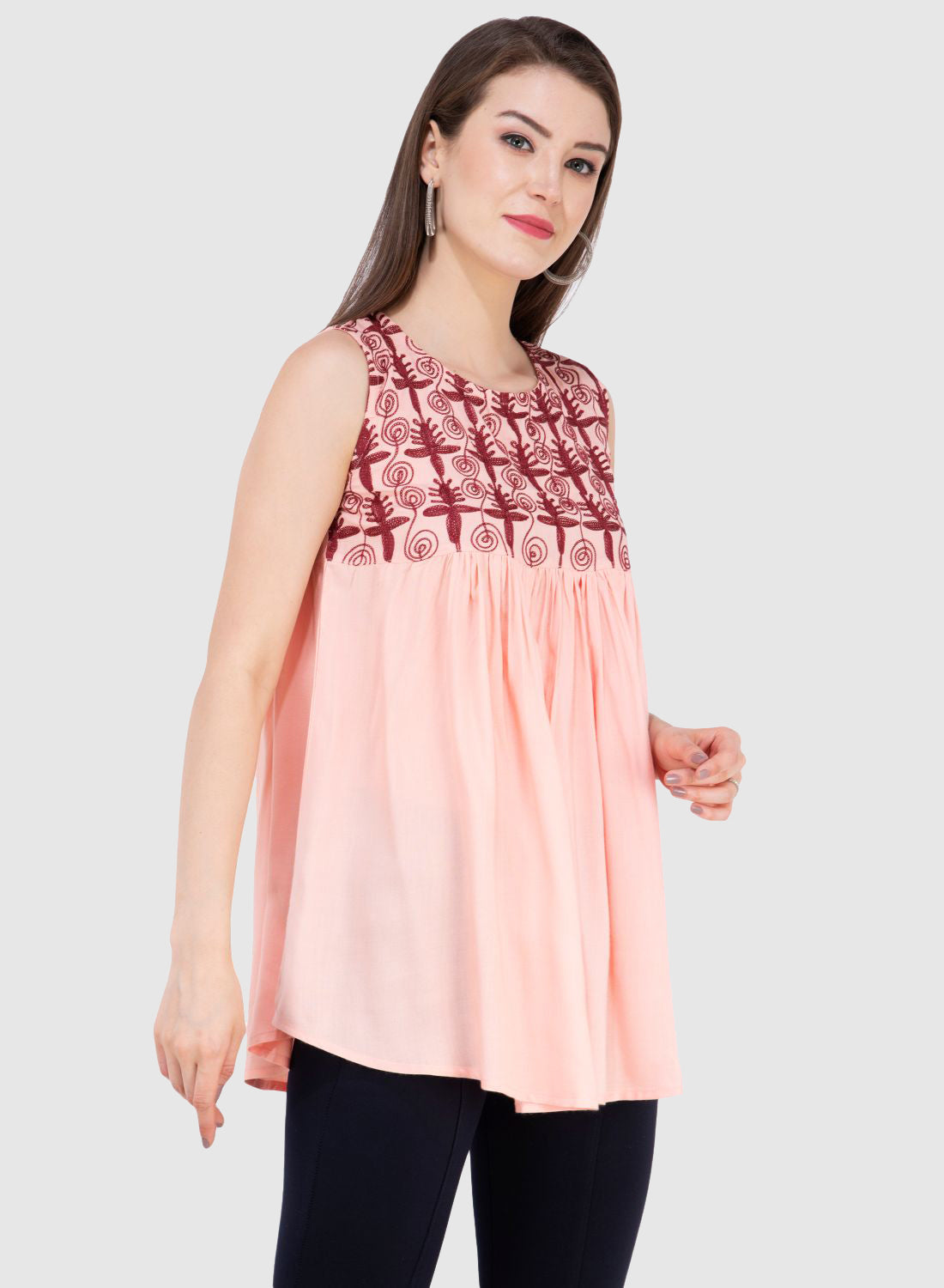 Women Top Pink Rayon Sleeveless Fit and Flare