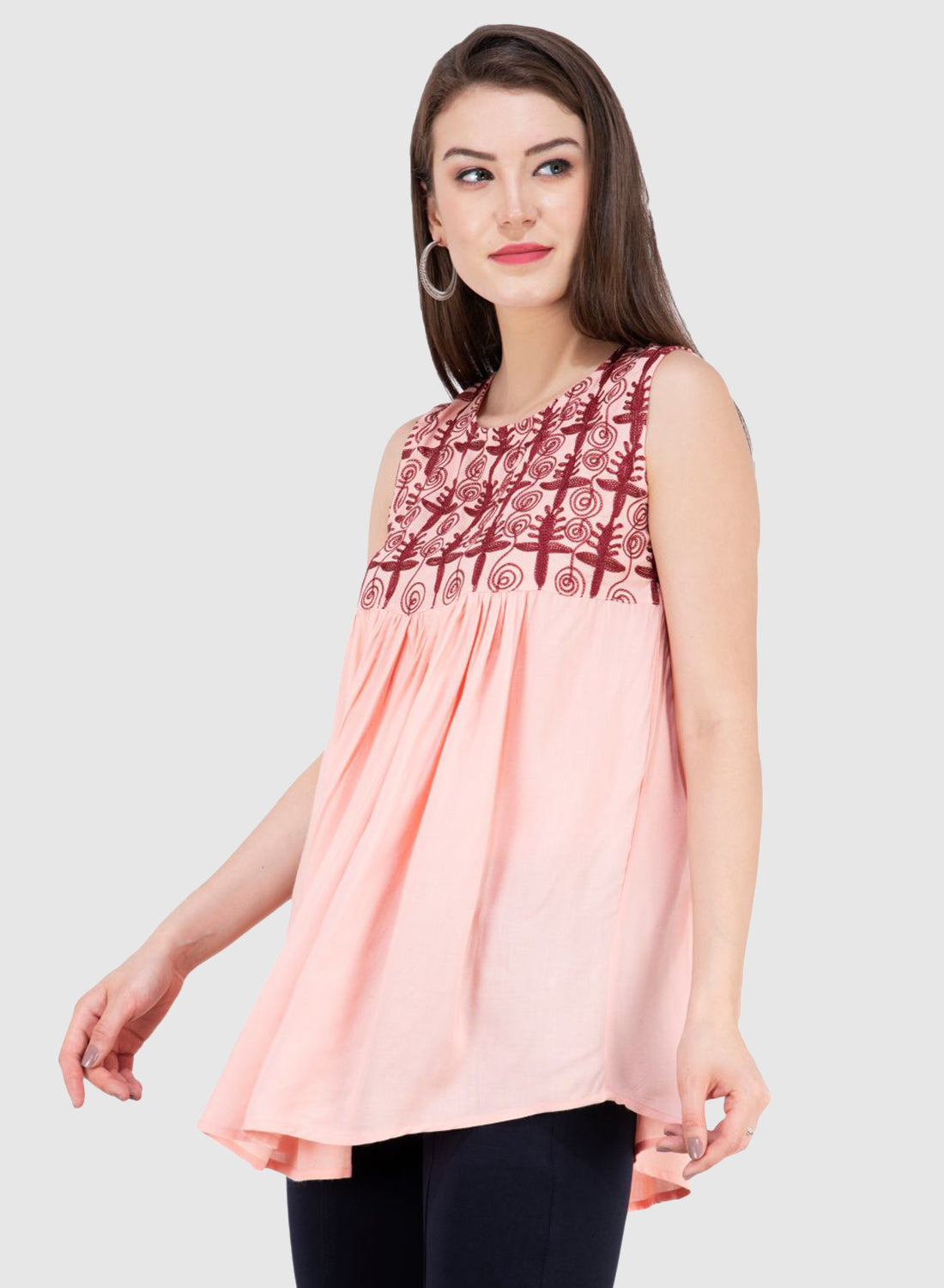 Women Top Pink Rayon Sleeveless Fit and Flare