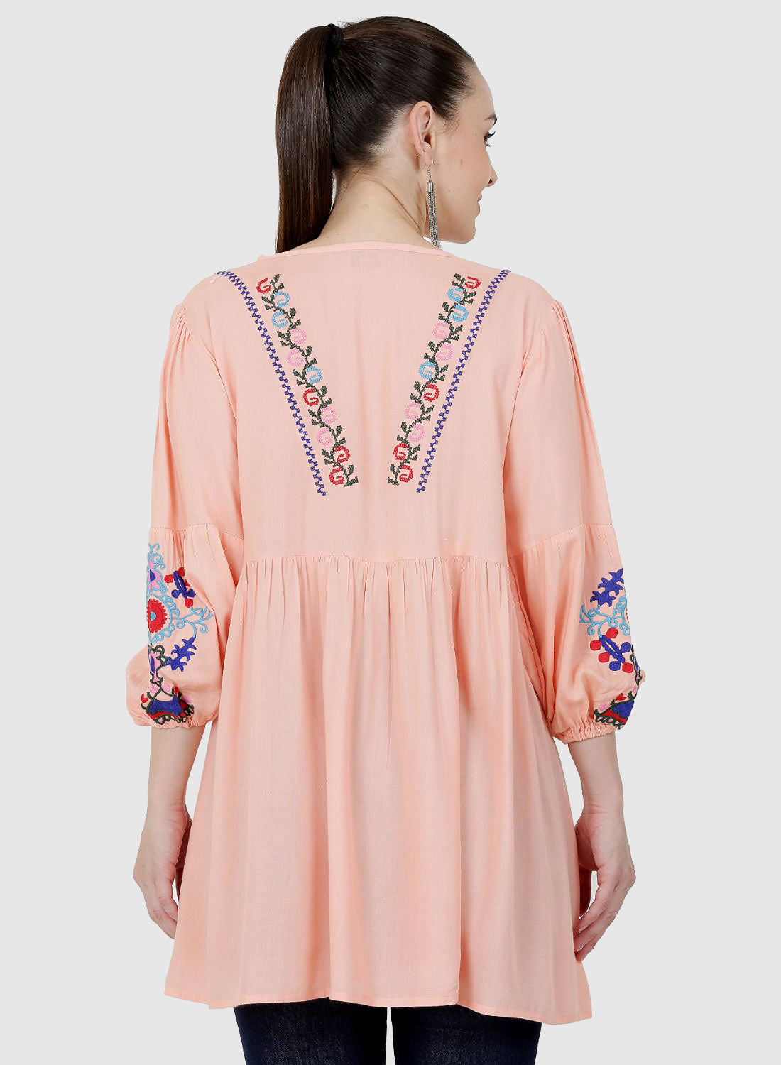 Women Top Pich Rayon Tunic Casual Fit and Flare Puff Sleeve