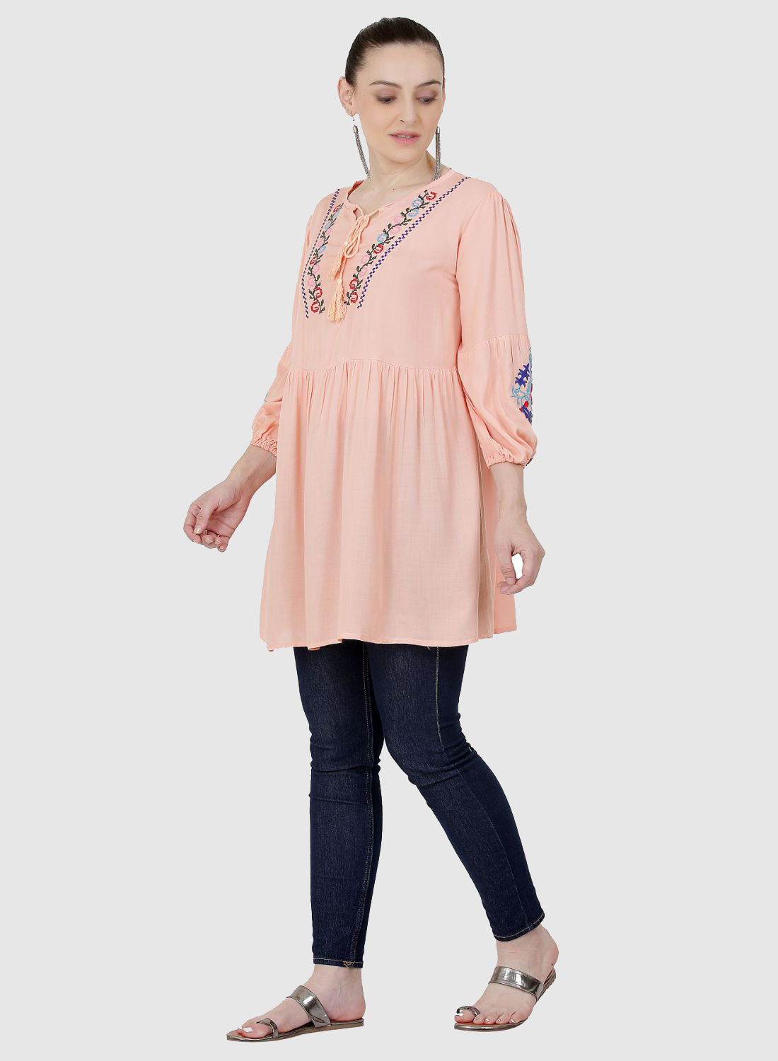 Women Top Pich Rayon Tunic Casual Fit and Flare Puff Sleeve