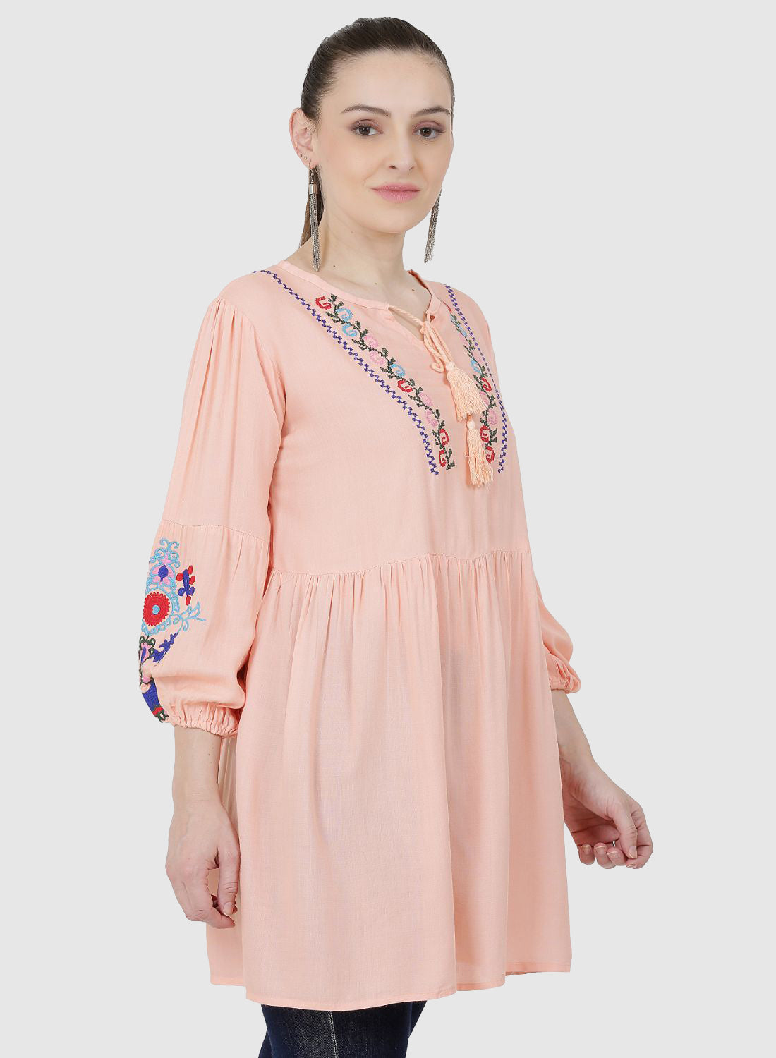 Women Top Pich Rayon Tunic Casual Fit and Flare Puff Sleeve